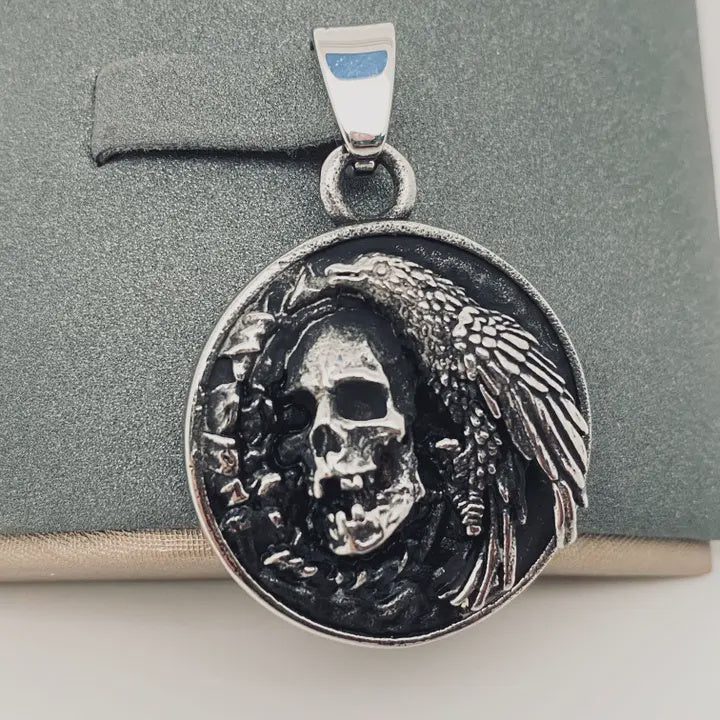 Stainless Steel Crow & Skull Pendant