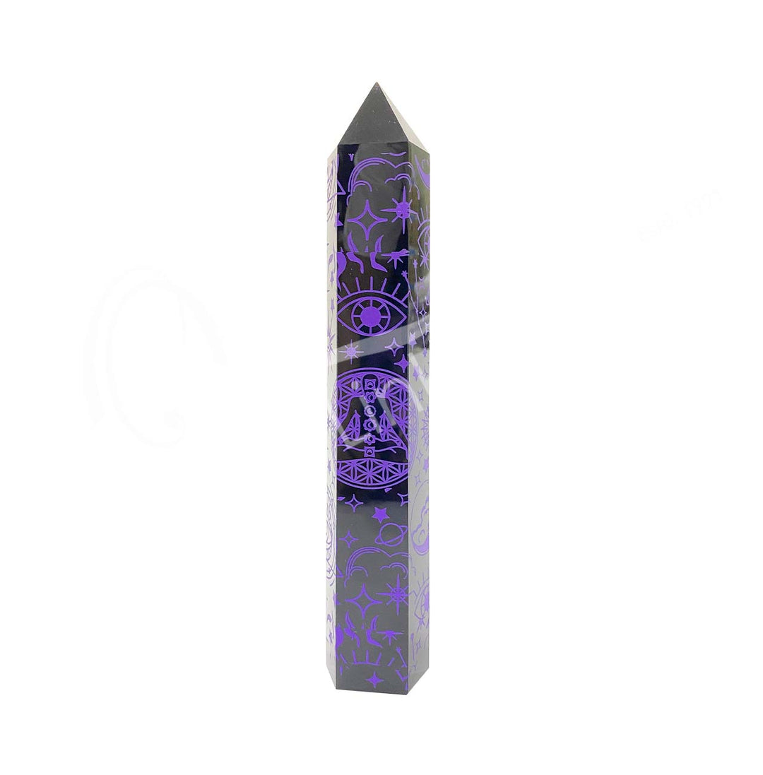 Black Obsidian Carved Obelisk - Purple Flower Of Life