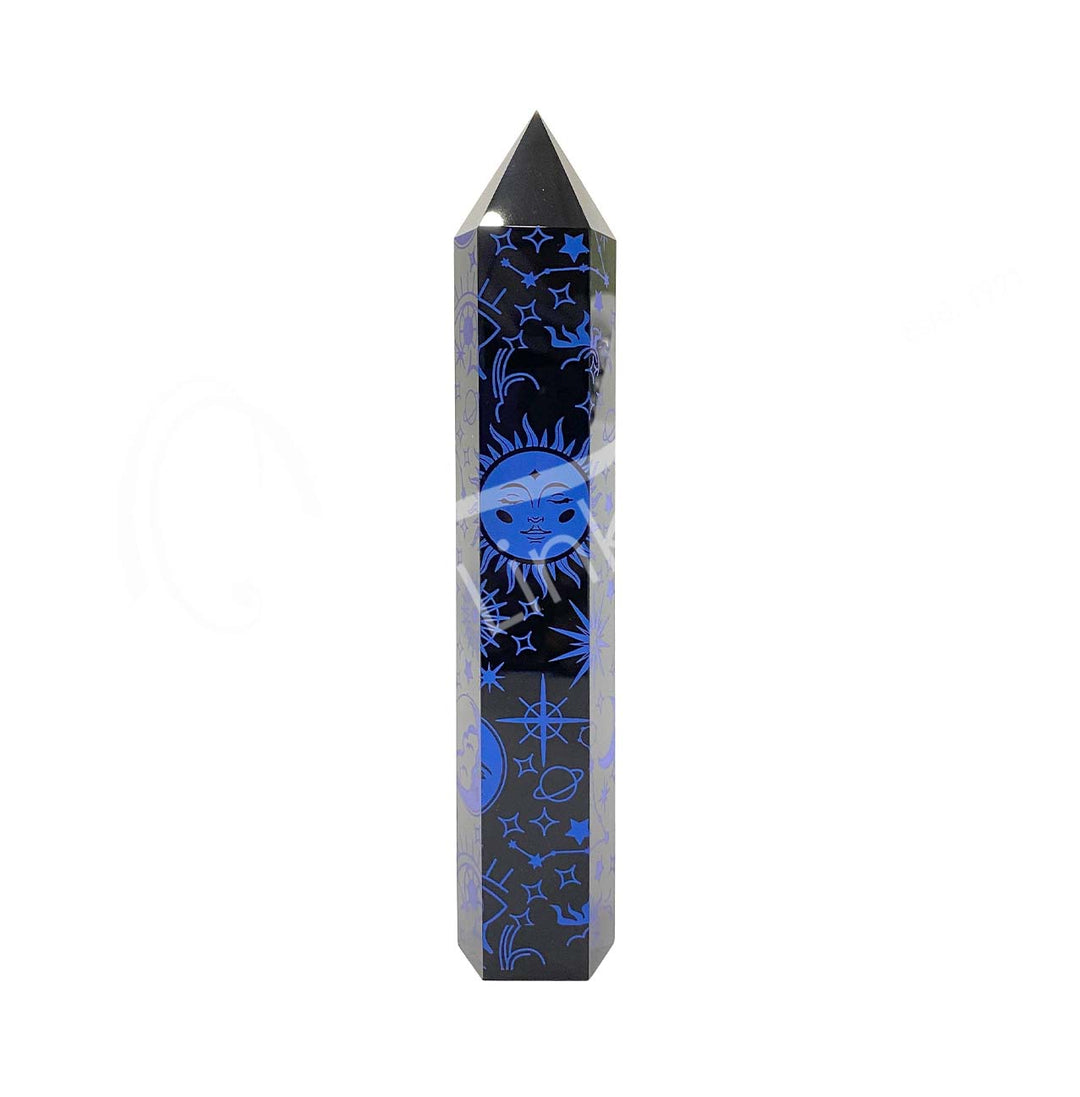 Black Obsidian Carved Obelisk - Blue Celestial