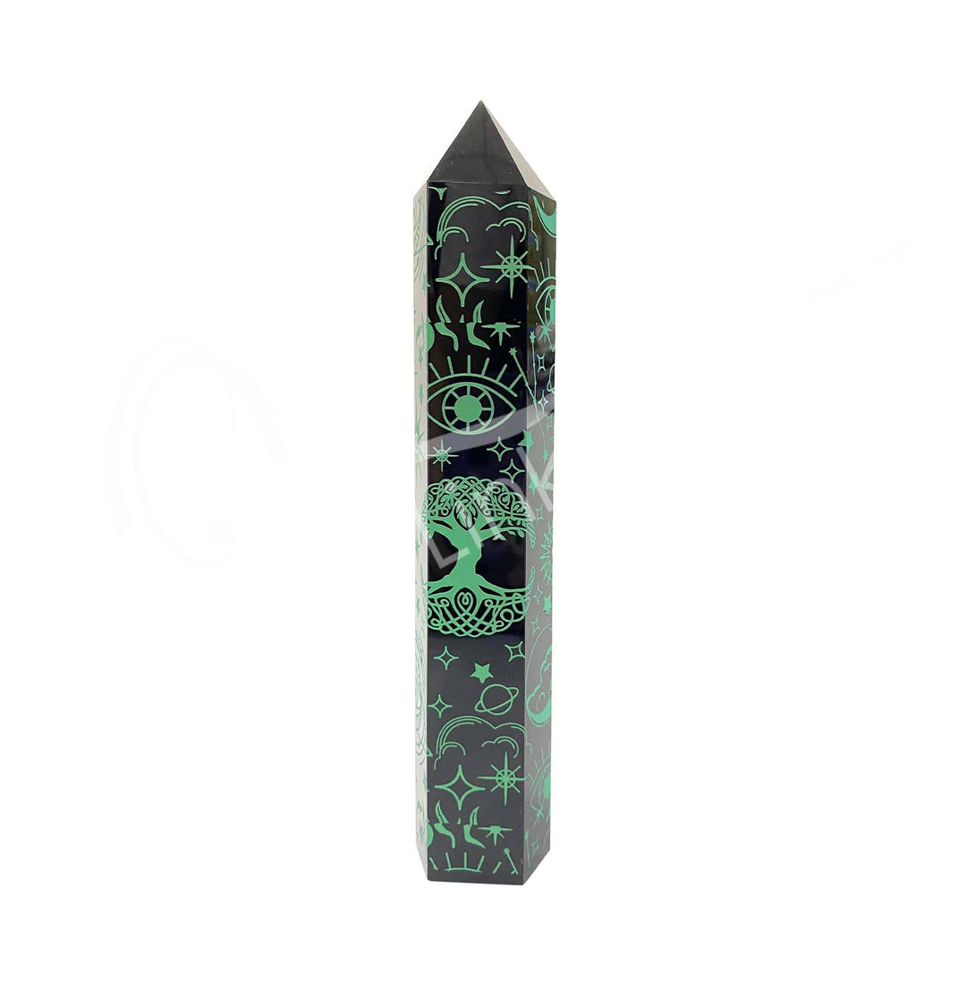 Black Obsidian Carved Obelisk - Green Tree Of Life