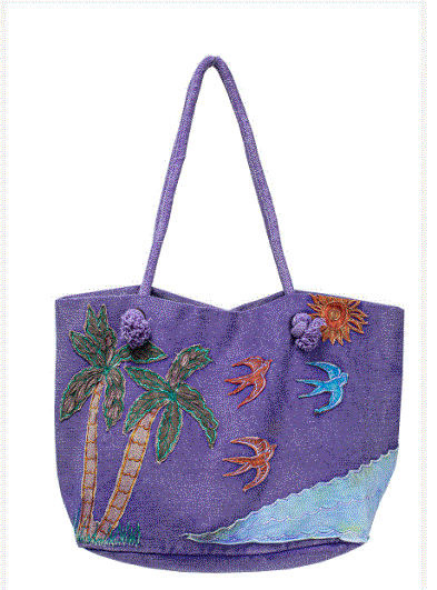 Earth Divas - Stonewashed Purple Cotton Bag w/Handcrafted Beach Design