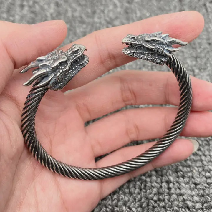 Stainless Steel Double Dragon Head Men's Cuff Bangle