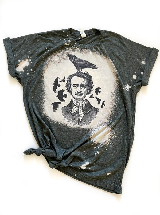 Poe Raven Halloween Bleached T-Shirt