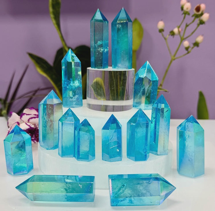 Aqua Aura Quartz Crystal Obelisk Tower Point