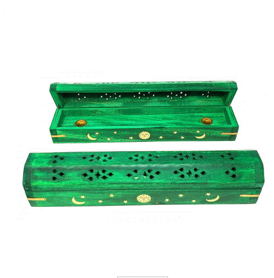 12" Color Wood Coffin Incense Burner - Celestial Green 10835