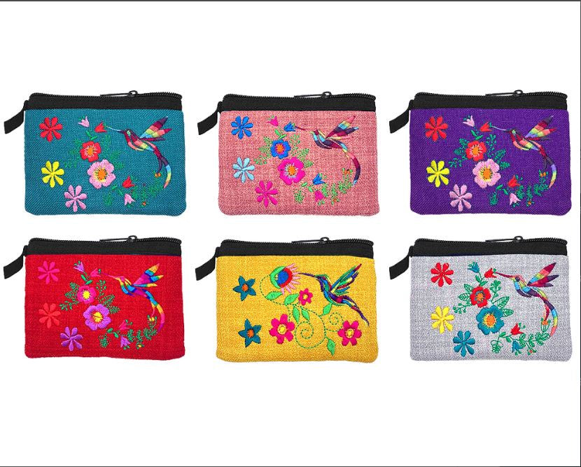 Embroidered Hummingbird Floral Ecuadorian Coin Purse Pouch