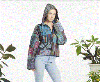 Patched w/Quilts L-Sleeve Zip Up Hoodie-Jacket