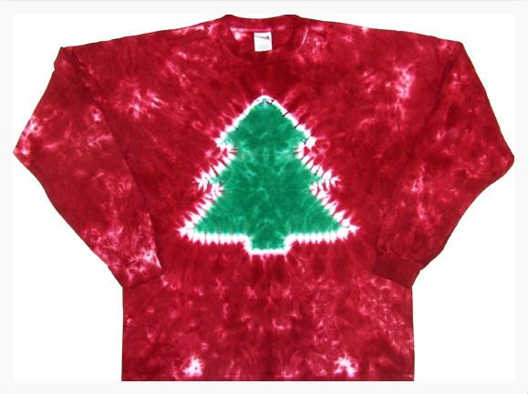 Green Tree on Red Tie Dye L-Sleeve Shirt