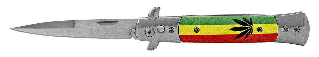 5" Stainless Steel Push Button Switchblade Folding Pocket Knife - Marijuana Rasta