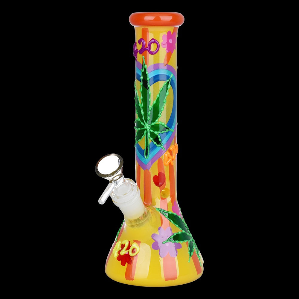 SeshGear 420 Hemp Leaf Glow In The Dark Beaker Glass Water Pipe | 9.25" | 14mm F