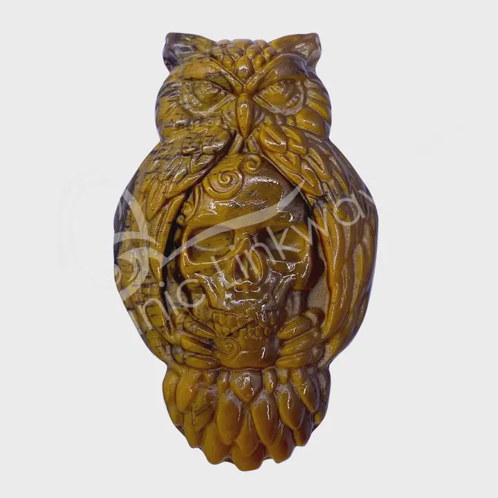 Tiger Eye Carved Owl & Skull Stone