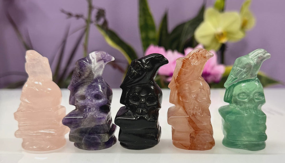 Natural Gemstone Crystal Skull w/Crow