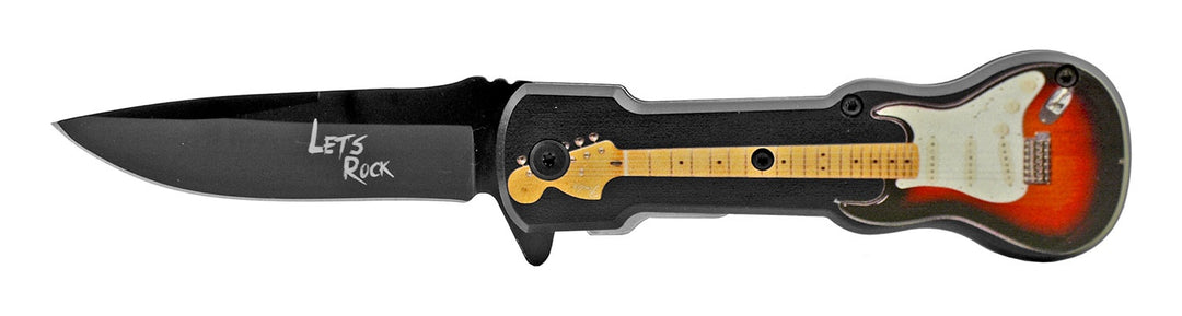 4.75" Guitar Style Handle Spring Assisted Folding Pocket Knife - Lets Rock Red and White
