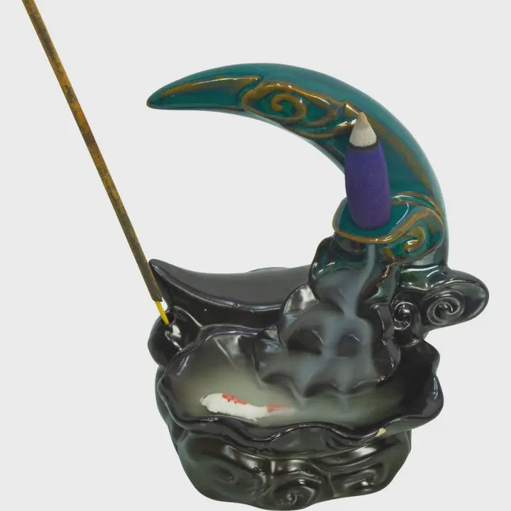 Ceramic Koi Fish Moon Backflow Incense Burner 89706