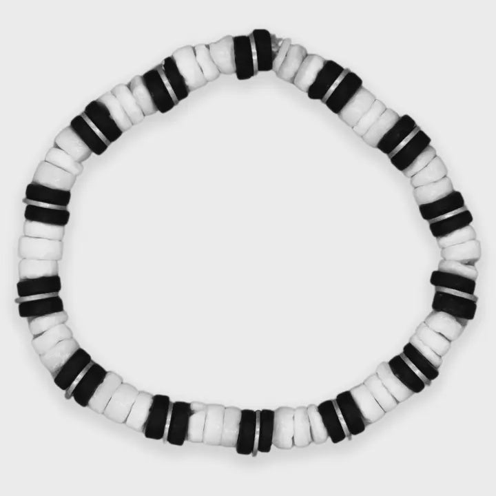 White Puka Shell Stretchy Bracelet w/Black Disc Beads