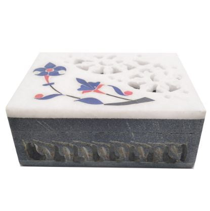 Soapstone Box w/Gemstone Floral Inlay