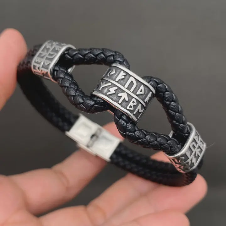 Viking Runes Titanium/Stainless Steel Leather Bracelet