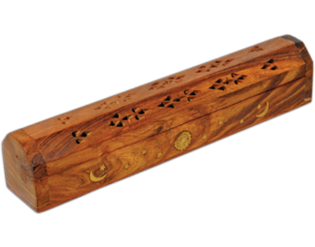Incense Burner - 12in Wooden Coffin - Sun, Moon, & Stars