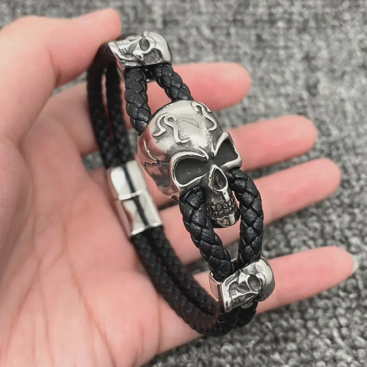 Triple Skulls Titanium/Stainless Steel Leather Bracelet