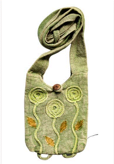 Earth Divas - Olive Green Tie-Top Cotton Crossbody Bag w/Hand-Woven Flowers
