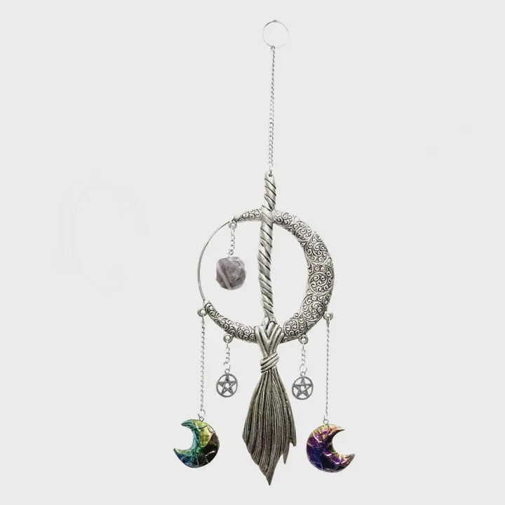 Metal Moon & Witch Broom w/Amethyst Window Hanger