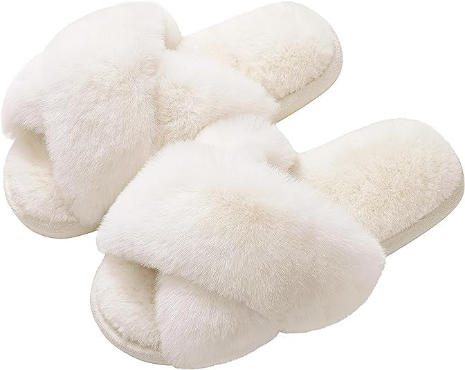 White Fuzzy Cross Over Slippers- Assorted Sizes