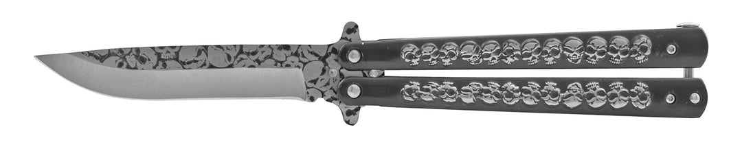 5.25" Black Stainless Steel Skull Embossed Butterfly Pocket Knife