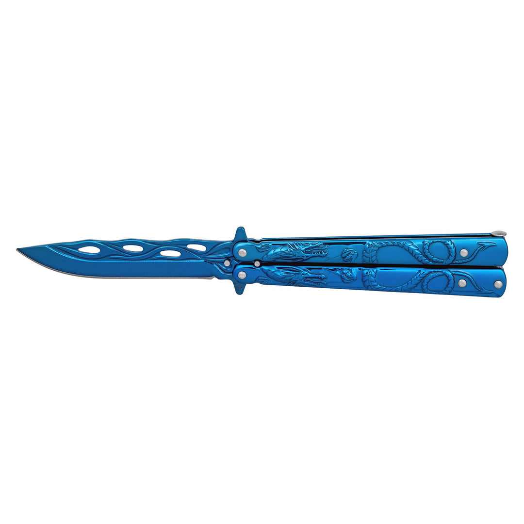 4.75" Drop Point Chinese Dragon Butterfly Balisong Folding Knife - Blue