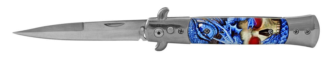 5" Stainless Steel Push Button Automatic Switchblade Folding Pocket Knife - Dragon Deaths Head Skull