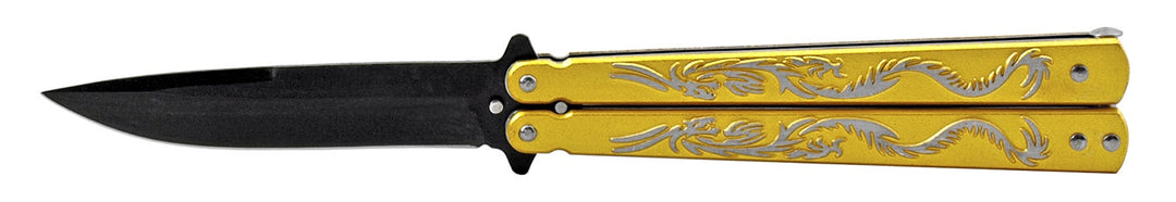 5.25" Anodized Aluminum Automatic Chinese Dragon Butterfly Folding Pocket Knife - Gold
