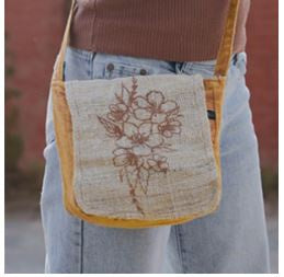 Orange Flower Print Hemp Cotton Crossbody Bag