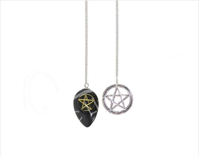 Teardrop Onyx Pentacle Engraved Pendulum w/Pentacle Pendant