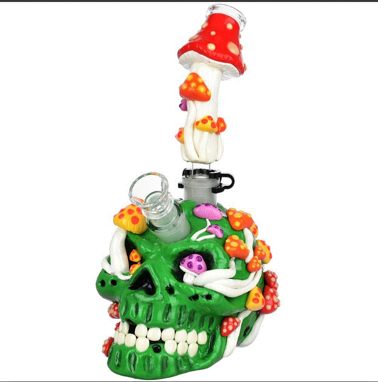 Mushroom Garden Sugar Skull Glow Glass Water Pipe | 10" | 19mm F