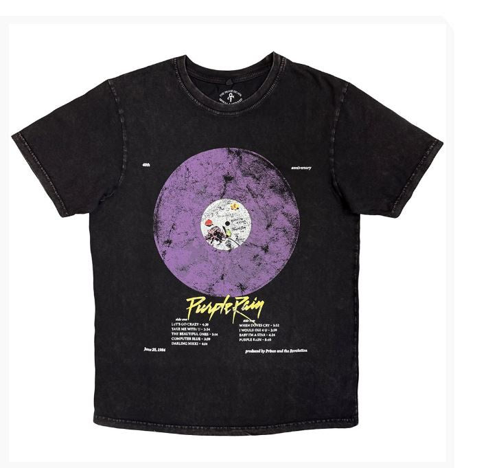 Prince Unisex Stone Wash T-Shirt - Purple Rain Disc (Black)