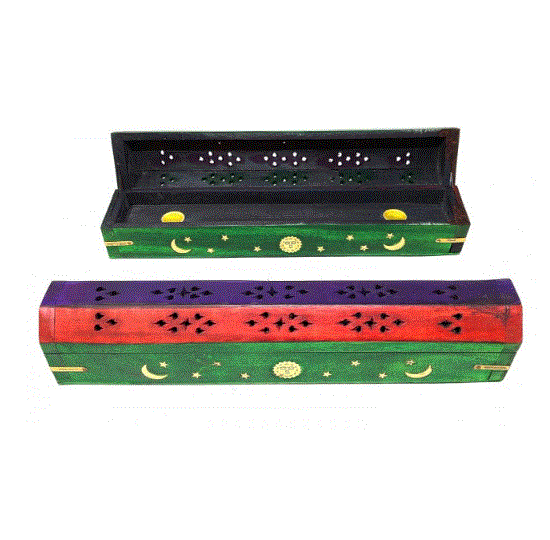 12" Color Wood Coffin Incense Burner - Multi Color 10836