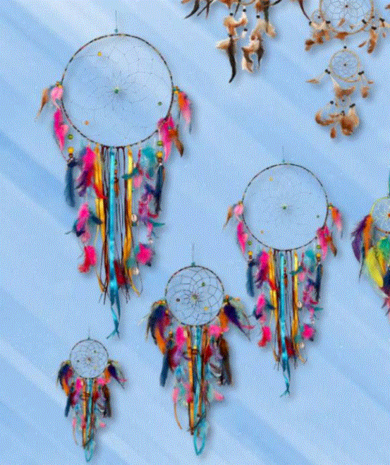 Village - Rainbow Dreamcatcher w/Colored Feathers & Ribbons