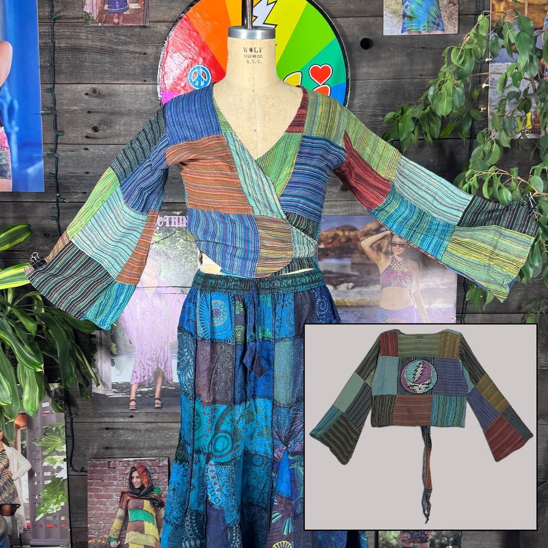 SUGAREE COVER UP Cotton Patchwork Wrap Top w/GD SYF Embroidey