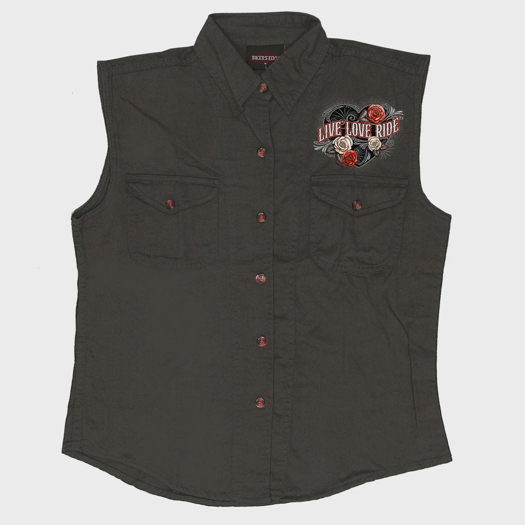 HOT LEATHERS LIVE LOVE RIDE DENIM SLEEVELESS SHIRT