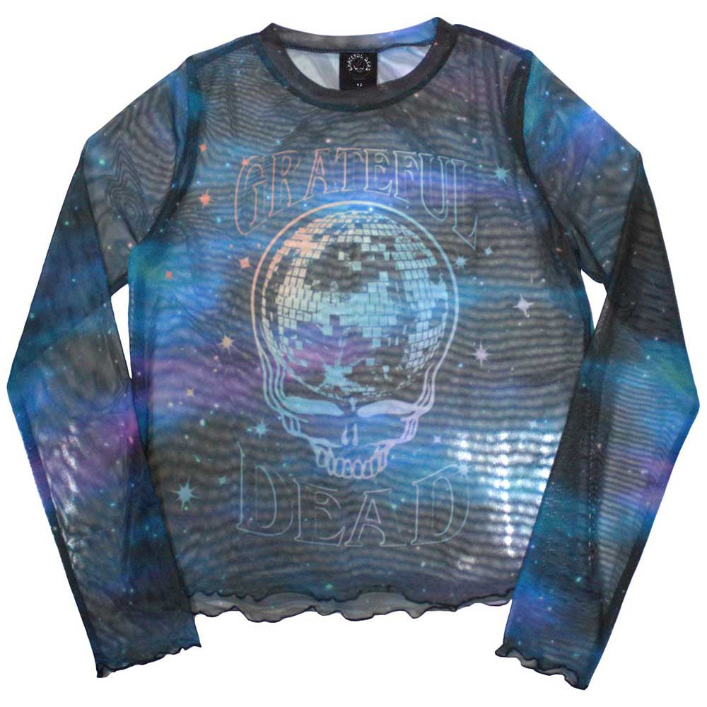 Grateful Dead Ladies Long Sleeve Crop Top: Stealy Glitter Ball (Blue) (Mesh)
