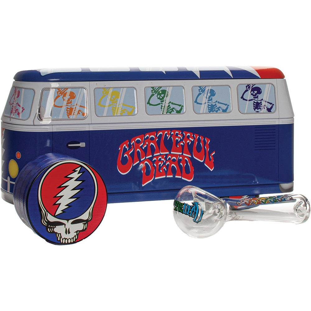 4.5in Dancing Skeletons Spoon Hand Pipe & SYF Grinder In Collectible Bus Tin - Grateful Dead