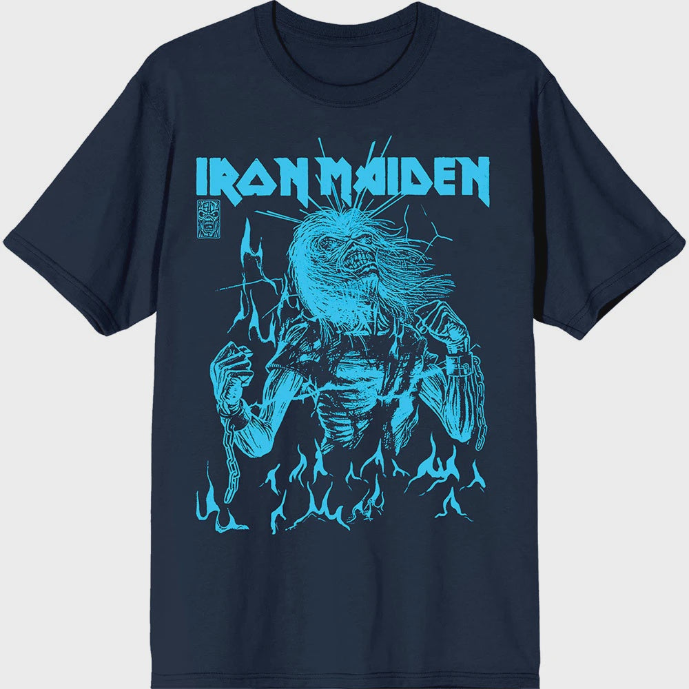 Iron Maiden Unisex T-Shirt: 50 Life After Death Flames Blue (Navy Blue)