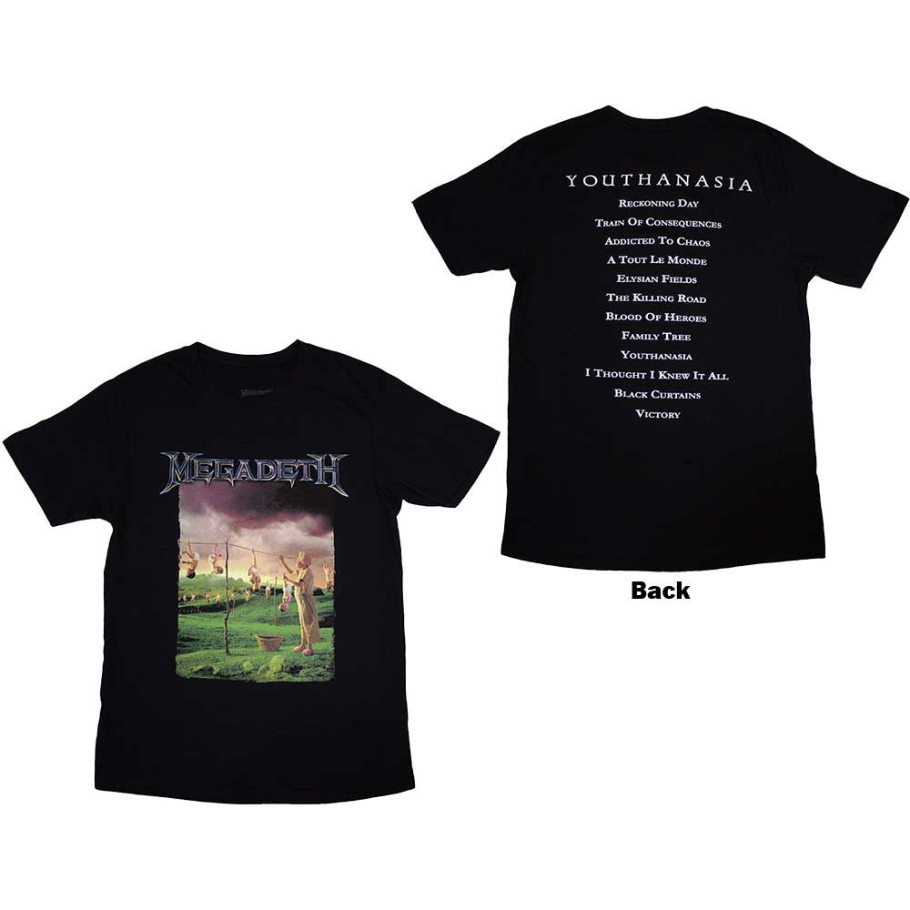 MEGADETH UNISEX T-SHIRT: YOUTHANASIA TRACKLIST (BACK PRINT)