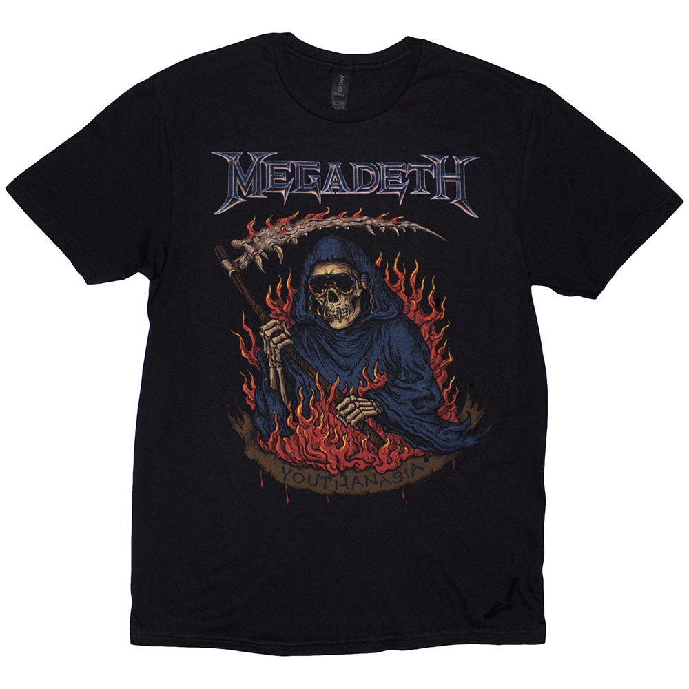 MEGADETH UNISEX T-SHIRT: YOUTHANASIA FLAMES (BLACK)