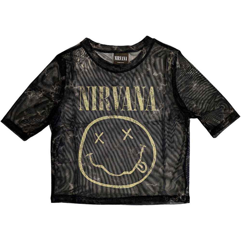 Nirvana Ladies Crop Top: Yellow Happy Face (Black) (Mesh)