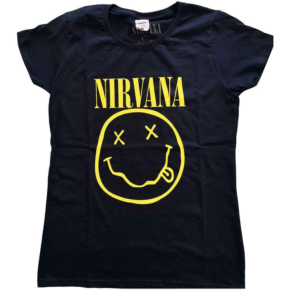 Nirvana Ladies T-Shirt: Yellow Happy Face (Navy Blue)