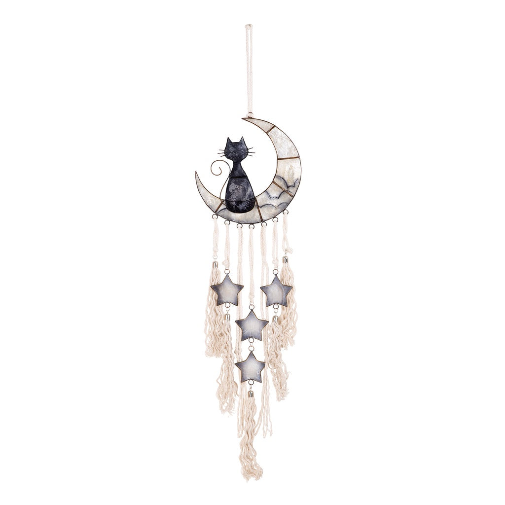 Capiz Macrame Cat & White Moon Chimes