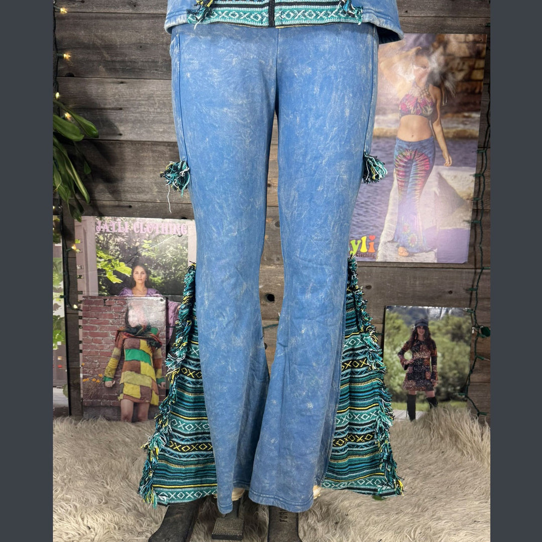 MOJO PANTS Cotton Fleece Stonewash & Patchwork Pants w/ Pockets