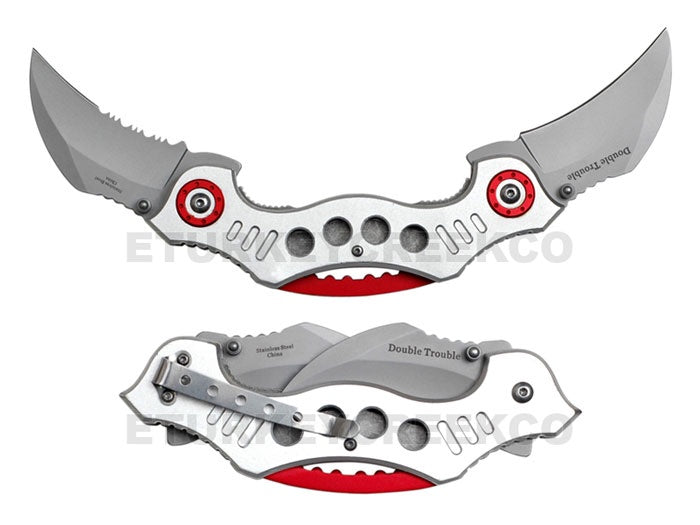 Double Trouble Karambit Action Assist Knife 4.5" Closed Silver