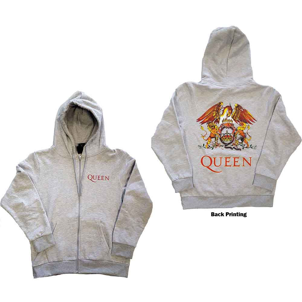 Queen Zipped Hoodie: Classic Crest (Back Print) - Ash Grey