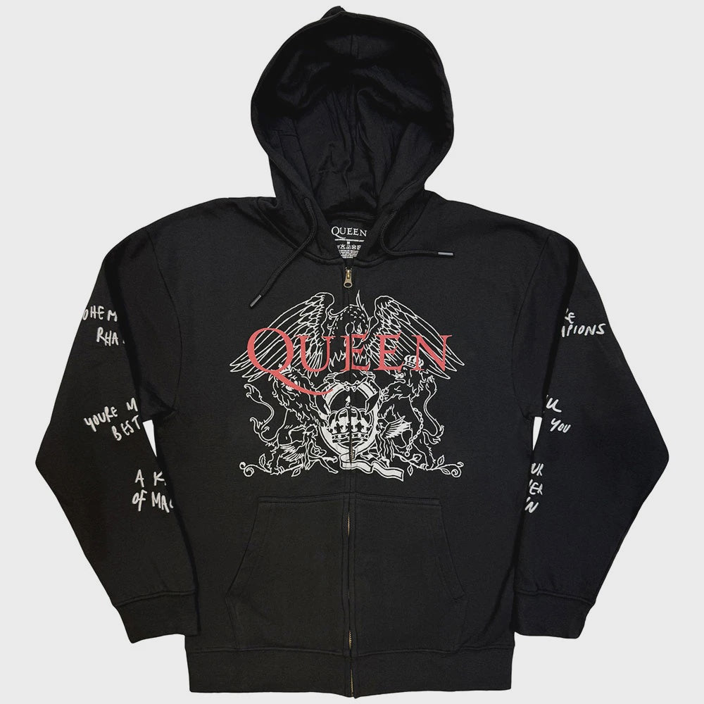 Queen Zip Hoodie: Logo & Crest Outline (Charcoal Grey)